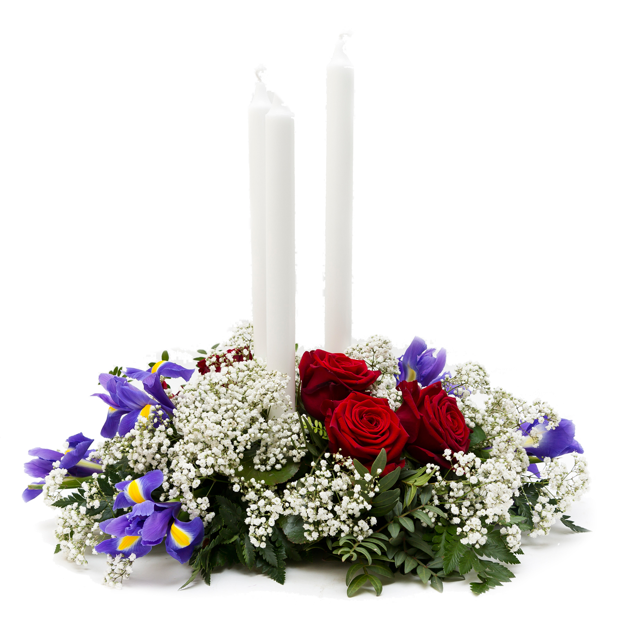 201 Låg begravningsdekoration. Röda rosor, blå iris och slöja. Ljus ingår.
Pris: 1200 kr
